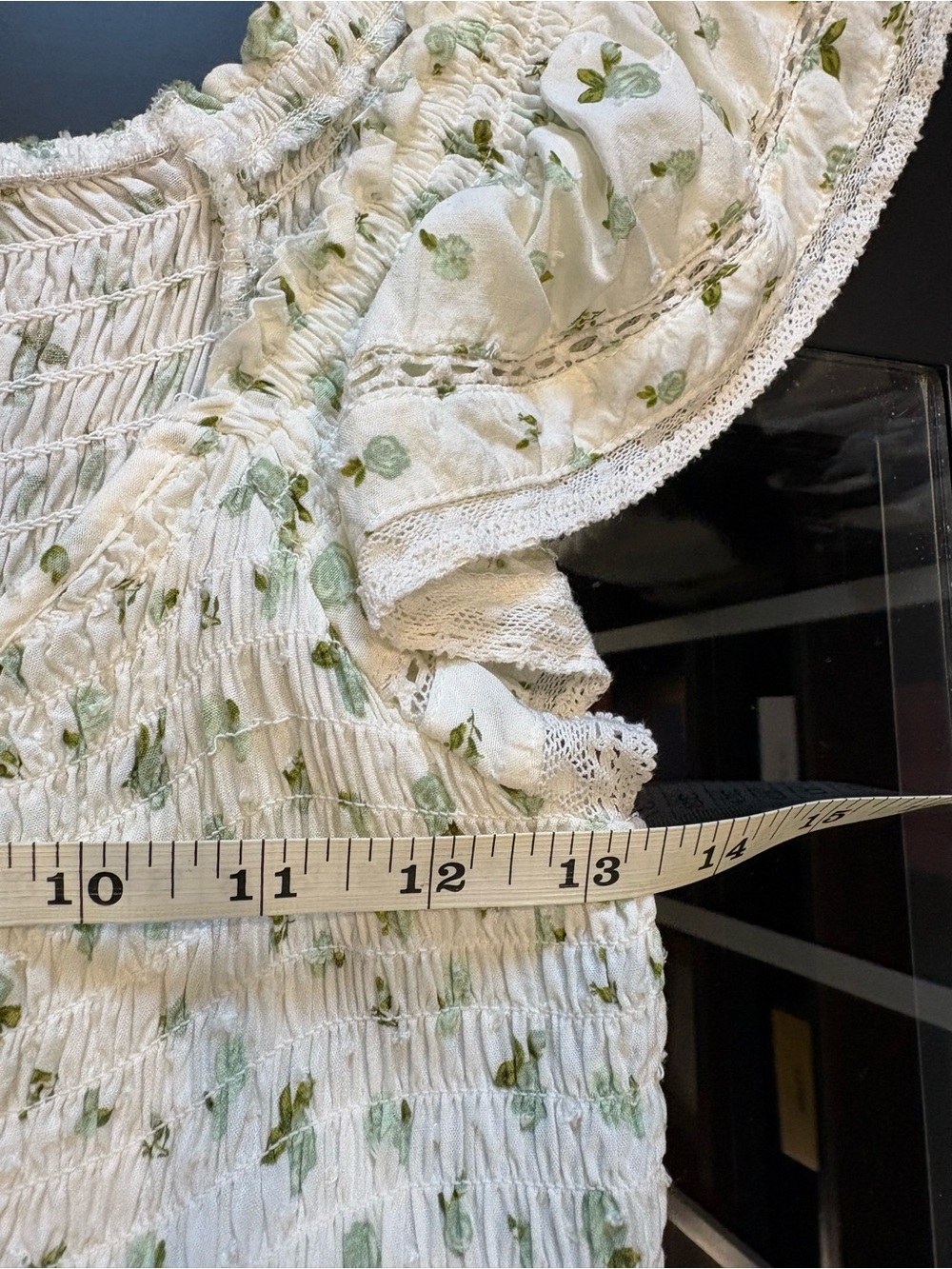 Smocked V-Neck Short Sleeve Floral Babydoll Sundress - White with Green - Picture 9 of 10